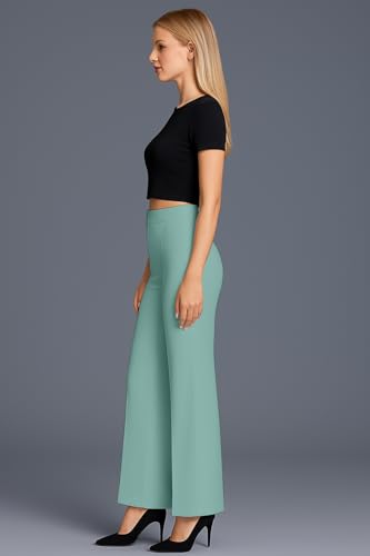 Image of SWADESI STUFF Women's High Waisted Bell Bottom Pants | Retro Wide Leg Trousers | Stretchy Flared Palazzo Pants for Office, Casual Wear & Party