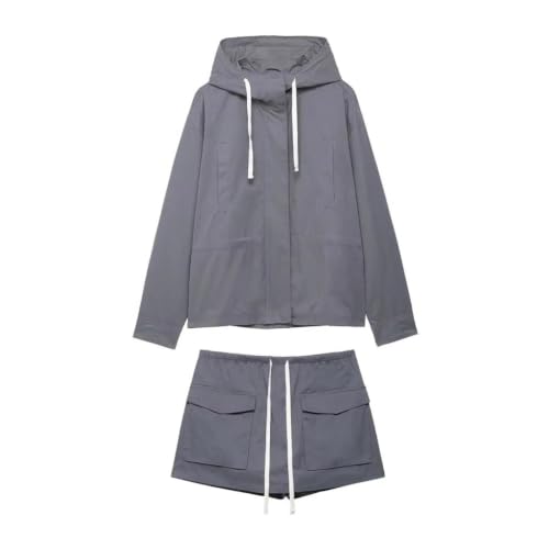 Conjunto de sudadera con capucha y pantalón corto liso para mujer con cremallera frontal
