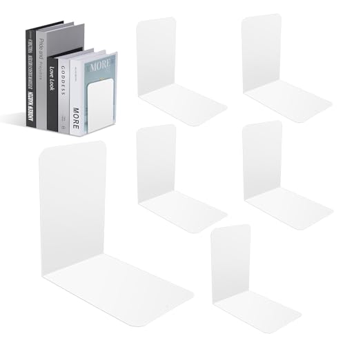 Rlssaki 6 Stück Buchstützen Metall, Bücherstütze für Schreibtisch, Bücherhalter für Regal, Buchhalter Regal mit Antirutschmatte, Book Holder, für Büro, Zuhause, Schule, Bibliothek (15*15*10 cm, Weiß)