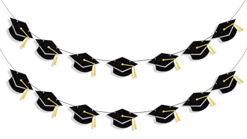Image of Graduation Decorations Class of 2026 Black Grad Banner Glitter Pre-strung Graduation Cap Banner for 2026 Congrats Grad Decor Party Supplies