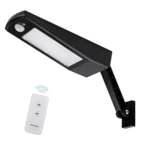CAIYUE luz solar con sensor de movimiento para exteriores, luz de pared inalámbrica, impermeable, 48 LED, 4500 mAh, luz solar de seguridad con control remoto para jardín, patio, garaje, entrada, valla