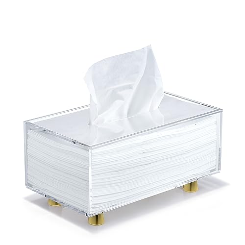 YoBa Thick Acrylic Tissue Box Holder Rectangular Clear Tissue Box Dispenser with 4 Aluminum Legs for Bathroom, Kitchen, Bedroom, Office, Hotels and Restaurant (Rectangle, Clear (Gold Legs))