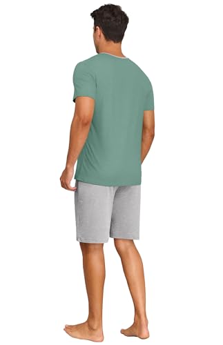 Image of PrinStory Mens Summer Pajamas Set Lightweight Pjs Sets Short Sleeve Pajama Shorts Set Soft Sleepwear Loungewear with Pockets
