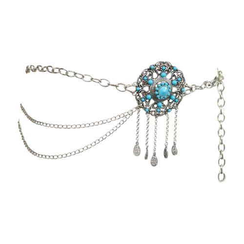 Women Western Style Fashion Belt - Silver Metal Chain Links Turquoise Blue Beads Ethnic Flower z3034