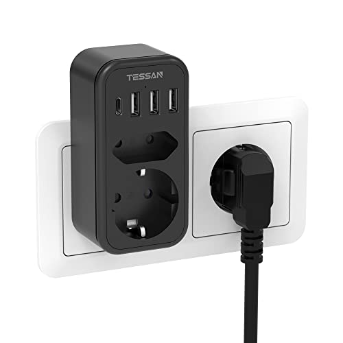 TESSAN Doppelstecker für Steckdose, USB C Mehrfachsteckdose, Steckdosenadapter 2Fach mit 4 USB Netzstecker, 3600W Mehrfachstecker für Steckdose, Stecker Doppelstecker für Phone, Schwarz 2 Fa