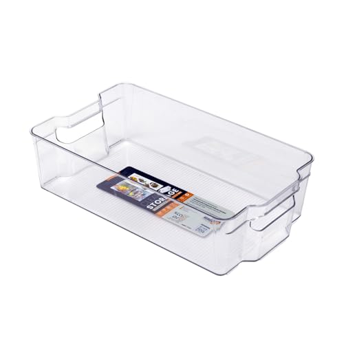 Image of Plastic Pantry Organizer Bins | Fridge Storage Boxes | Refrigerator Containers | Organiser for Pantry, Cabinet, Freezer | Containers for Food, Drinks & Snacks (Medium, 32x21x9, Pack of 1)
