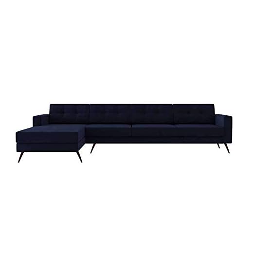 Sofá 4 Lugares Living com Chaise Esquerdo Pé Palito Linho Cotton Azul Marinho