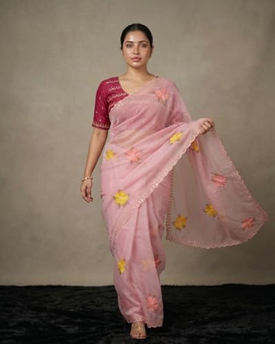 Image of Handcrafted Floral Embroidered Saree with Contrast Blouse