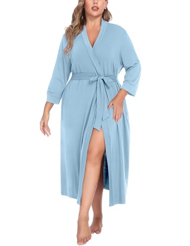 Image of IN'VOLAND Womens Plus Size Kimono Robes Long Knit Bathrobe V Neck Ladies Loungewear Lightweight Soft Sleepwear 1X-5X