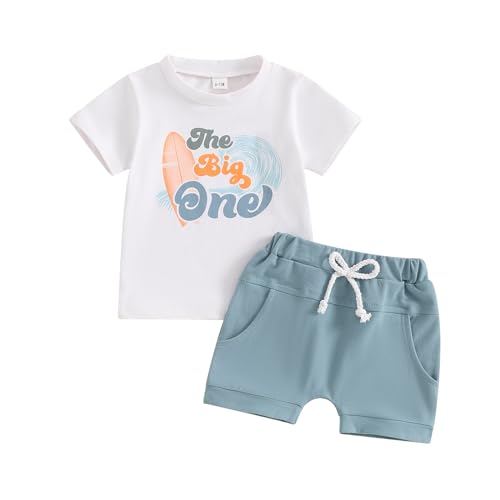BULINGNA 2Pcs Baby Boy First Birthday Outfit Short Sleeve The Big One T-Shirt Top Casual Shorts Summer 1st Birthday Clothes (White Blue, 12-18 Months)