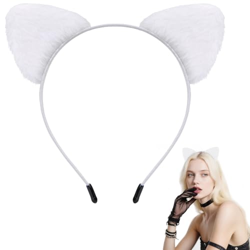Black Cat Ears Headband Furry - Halloween Cat Woman Ears for Women Cat Costume Accessories Kitty Ears White