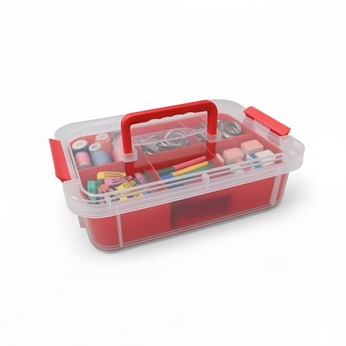 Image of plastic boxes for Storage transparent boxes for storage, Portable & Stackable Space Saving Organiser with Lid for Medicine, Jewelry, Arts & Crafts, Buttons, Beads (Red, 1 TIER WITH 1 TRAY)