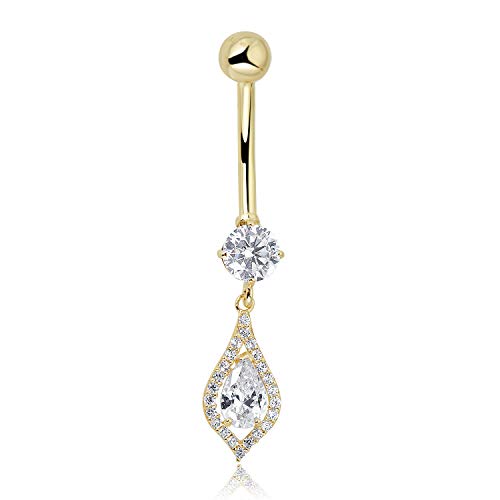 Image of AVORA 10K Gold Simulated Diamond CZ Teardrop Dangle Belly Button Ring Body Jewelry (14 Gauge)
