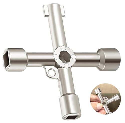 AONAT Llave Multifuncional de 4 Puntas, Llave de Utilidad Multifuncional, Llave Cruzada, Llave de Medidor de Agua, para Contador Agua, Armario Eléctrico, Ascensor, Contador Gas, Válvulas (Plata)