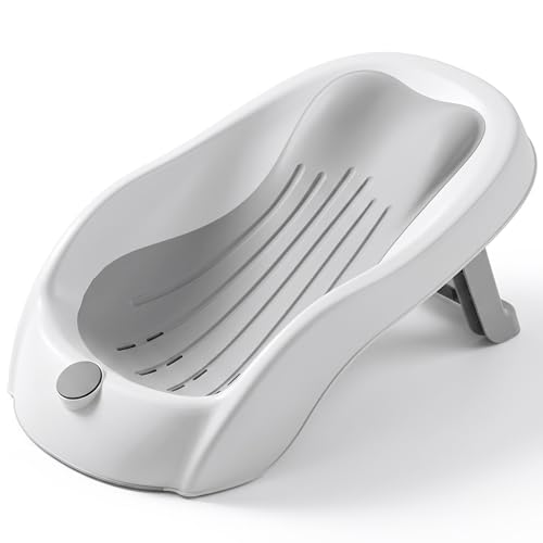 Soporte de baño para bebés, bañera para bebés con pantalla digital de temperatura y drenaje, asiento plegable antideslizante para bañera para recién nacidos (gris)..