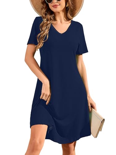 Image of DEARCASE Summer Dresses for Women V-Neck Short Sleeve T Shirt Dress Casual Flowy Swing Beach Vacation Mini Sundress