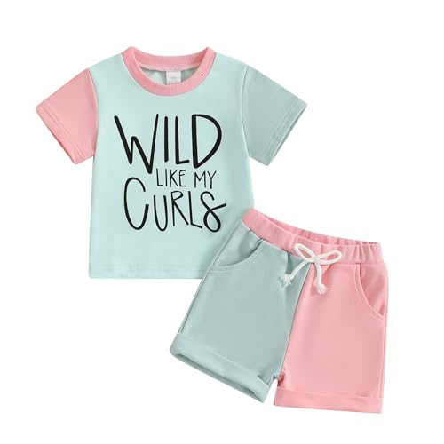 Image of WZTYYDS Toddler Girl Summer Clothes Letter Print Short Sleeve Round Neck T-Shirt with Contrast Color Shorts Outfit