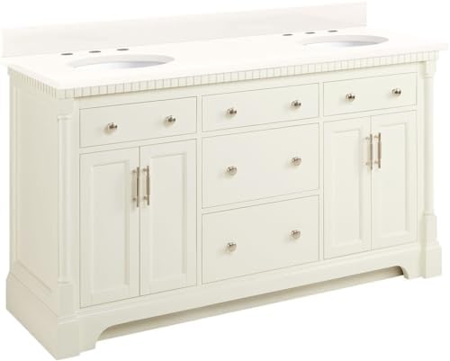 Signature Hardware 953832-60-UM-8 Claudia 60" Mahogany Double Basin Vanity Set with Cabinet, Vanity Top, and Oval Undermount Sinks - 8" Faucet Holes - White/Arctic White