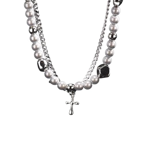 Long collier à pampilles croisées homme femme et collier perles irrégulières double rang