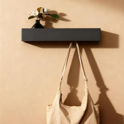 WJUAN 43,5cm Porte Manteau Mural avec Étagère, 5 Crochets Cachés, Porte-Crochets en Bois et Métal, Crochets Discrets pour Entrée, Chambre, Salle de Bain...