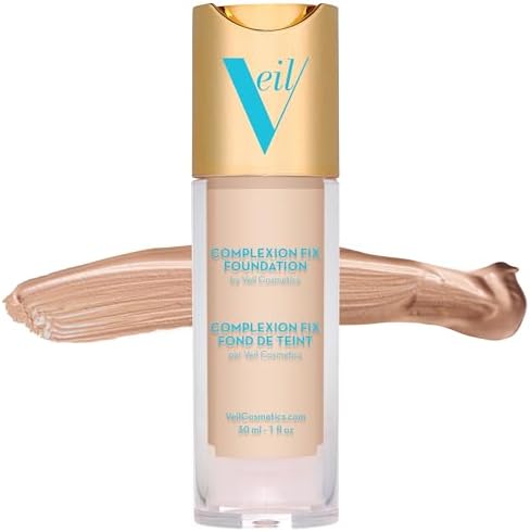 Veil Cosmetics Complexion Fix Liquid Foundation – Buildable Coverage – Water-Resistant, Hypoallergenic, Oil-Free, Cruelty-Free & Vegan – Lightweight & Brightening – Long Lasting (1G Porcelain Gold)