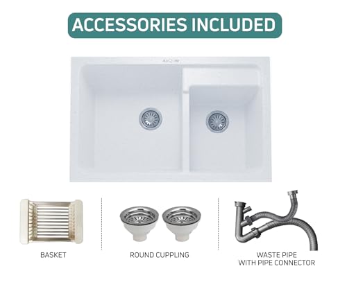 Image of ARQUIN Double Bowl Quartz Kitchen Sink 31x18x9 Inch Sand Pluto | Durable & Scratch-Resistant Sink | Undermount,Topmount | Including Coupling,Sink Connector,Waste Pipe & Fruit Washing Basket