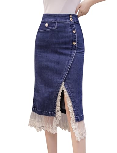 Kisidoo Women's Split Denim Skirt with Lace Stitching at Hem