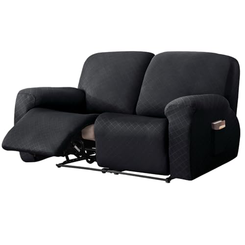 AIMENJOY Recliner Chair Cover 2 Seater - Soft Thick Jacquard Stretch Recliner Couch Covers 6 Pieces Set, Sofa Chair Cover with Side Pocket for Recliner Sofa Chair Furniture Protector (Black,2 Seater)