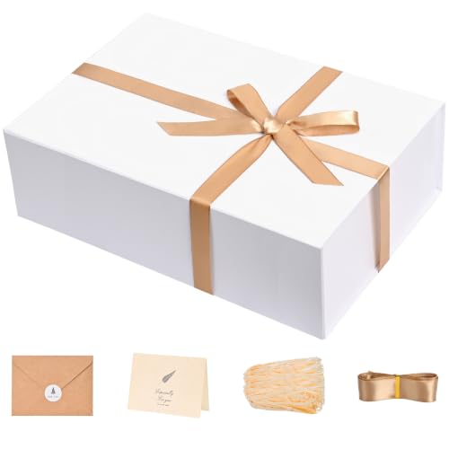 Image of LIFELUM White Gift Box 13.85 x 8.35 x 4.45 inch Gifts Box for Bridesmaid Proposal Gifts for Wedding with Card, Ribbon, Shredded Paper Filler Shirt Boxes for Presents (1 Pcs)
