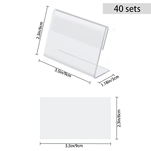 BILLIOTEAM 40pack Mini Clear Sign Display Holder with Blank Labels,3.5*2.4 Inch Horizontal Slanted L-Shape Plastic Name Card Price Card Tag Label Counter Top Stand
