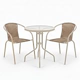 LOLAhome Conjunto Jardín Exterior Mesa y 2 Sillas | Mesa Cristal Templado Ø60cm| 2 Sillones Ratan Beige, apilables | Pintura Epoxi Anticorrosión, Resistente y Duradero | Balcón, Terraza | Trivia