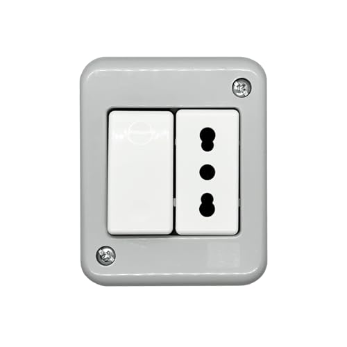 Scatola da esterno da parete, 2 moduli, con presa bipasso bivalente 10A 16A e modulo 4 in 1, interruttore, deviatore, invertitore e pulsante, IP40 per interno, cassetta fissaggio a muro