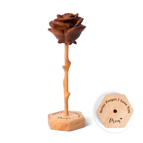 Rosa de madera, grabado 'Mom, Never Forget I Love You', regalo de rosa eterna para el día de la madre, cumpleaños, flores para siempre para mamá de hija hijo, regalos de cumpleaños únicos para mamás