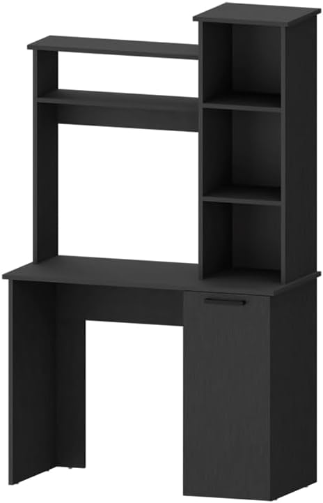 Rumford Computer Desk with Hutch, Door and 3-Tier Storage Shelves, Black
