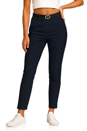 Kendindza Chino Damen Hose Stretch mit Gürtel Stoffhose Damen elegant lang Stretchhose weiches Material Blau L
