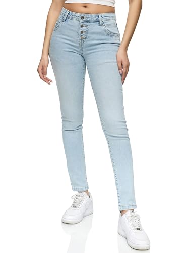 REPUBLIX Damen Knopf Mid Waist Skinny-Fit Stretch Denim Jeans RJ-1004 Bleached Blue 32