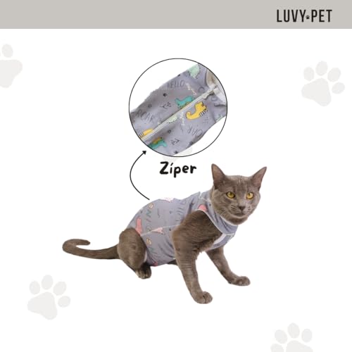 LUVY PET, Roupa Gato Pós Cirúrgica Castração Dinossauro Cinza Tamanho:3