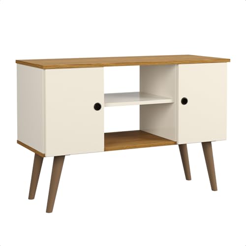 Rack Viena, Rack para TV com 2 Portas e Prateleira, Estilo Retrô, Pés Palito, Disponível em Cores (OFF WHITE/FREIJÓ)