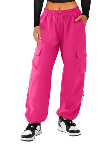 COPYLEAF Parachute Cargo Pants Women Elastic Waisted Lightweight Water Resistant Baggy Joggers with 4 Pockets(Hot Pink M)