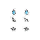Tema Navajo. Juego de 3 pares de pendientes de plata 925/000 envejecida – Pluma – india – étnica