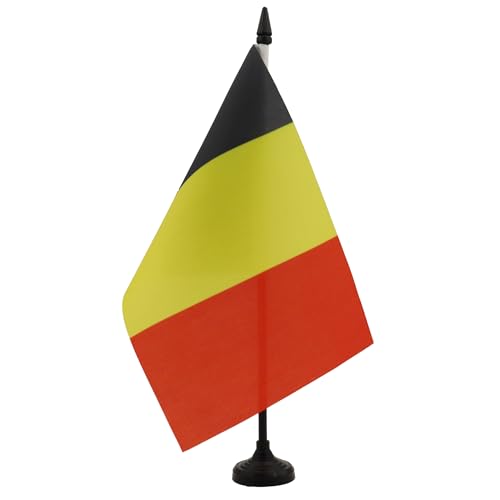 AZ FLAG - Drapeau De Table Belgique 21x14 cm - Petit Drapeau Belge De Bureau 100% Polyester Avec Hampe De 25cm Et Socle En Plastique Noir