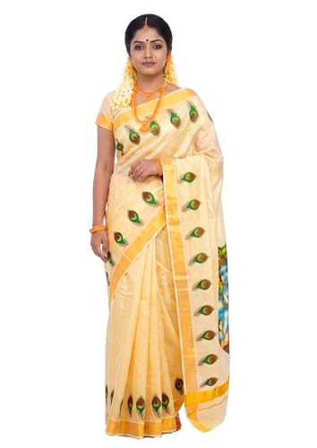 Image of Women's Mural Printed Kerala Gold Tissue Saree with Running Blouse Piece | Traditional South Indian Ethnic Saree for Festivals, Weddings & Special Occasions