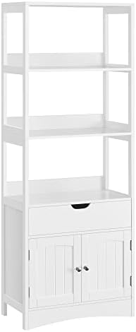 VASAGLE Bathroom Storage Cabinet, Freestanding Linen Tower, Tall Bookcase with 3 Open Shelves, 1 Large Drawer, 12.8 x 23.6 x 60.6 Inches, for Entryway, Kitchen, Study, White UBBC67WT