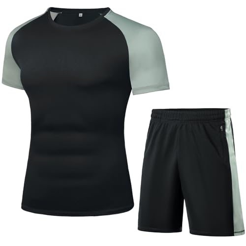 Wayleb Tuta Uomo Completa Estiva Pantaloncini e Maglietta T-shirt a Maniche Corte e Collo Arrotondato Traspirante Sportivo Set Tasche e Coulisse per Fitness Running, Nero L