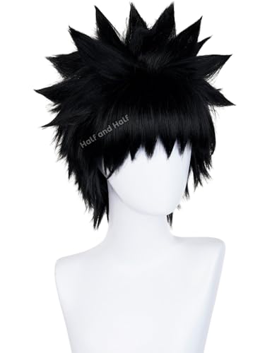 Image of Half and Half Short Black Anime Cosplay Wig for Men Black Nin-ja Male Wigs Black Spiky Layered Synthetic Hair Wig for Halloween Party Costumes