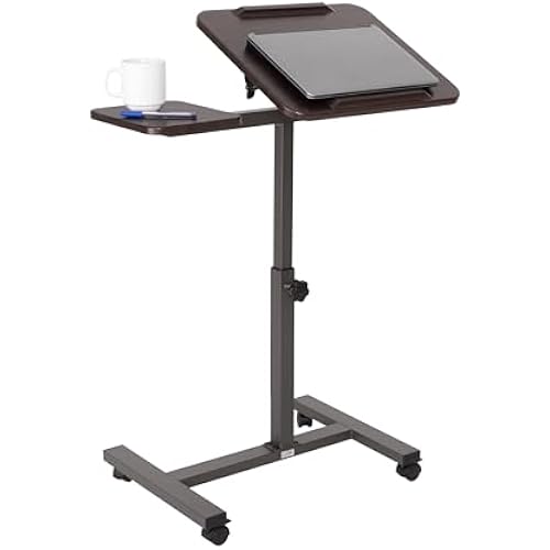 Seville Classics Airlift Height Adjustable Mobile Rolling Laptop Cart Computer Workstation Desk, Table for Home, Office, Classroom, Hospital, w/Wheels, Walnut, Tilt w/Side Table (28") (NEW Model)