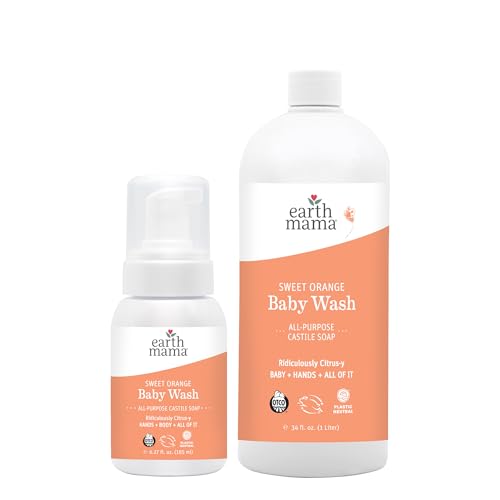 Image of Earth Mama Sweet Orange Baby Wash Liquid Hand Soap Refill, Organic Body Wash for Sensitive Skin, All Purpose Castile Soap Liquid with Coconut Oil, Shea Butter, Calendula & Aloe, 6.27 fl oz & Liter