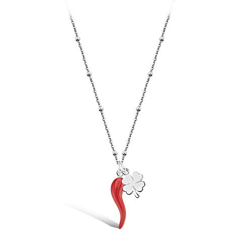 Emma Gioielli - Collana da Donna Catena Rolò Sfere Palline in Acciaio di Alta Qualità con Ciondolo Corno Cornetto Rosso Quadrifoglio Portafortuna - Confezione Regalo