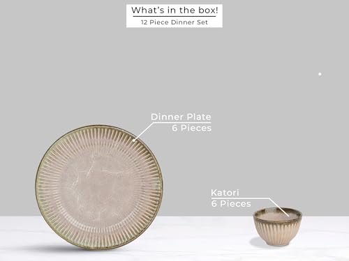Image of Bodhi House Premium 12-Piece Stoneware Dinner Set Serving for 6 - Handcrafted Ceramic Plates, Bowls & Serving Bowls | Microwave & Dishwasher Safe | Elegant Modern Tableware Crockery Petal Pink