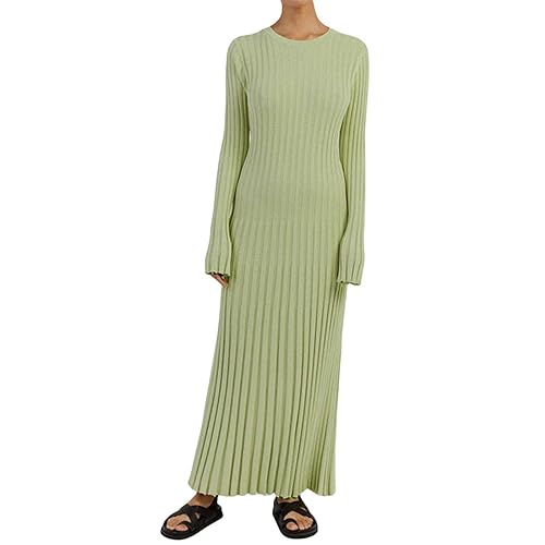 Photo de AMDOLE Robe de chambre américaine d'automne et d'hiver tricotée décontractée taille col rond grande bande mince robe longue années 80 pour femme, Vert, M